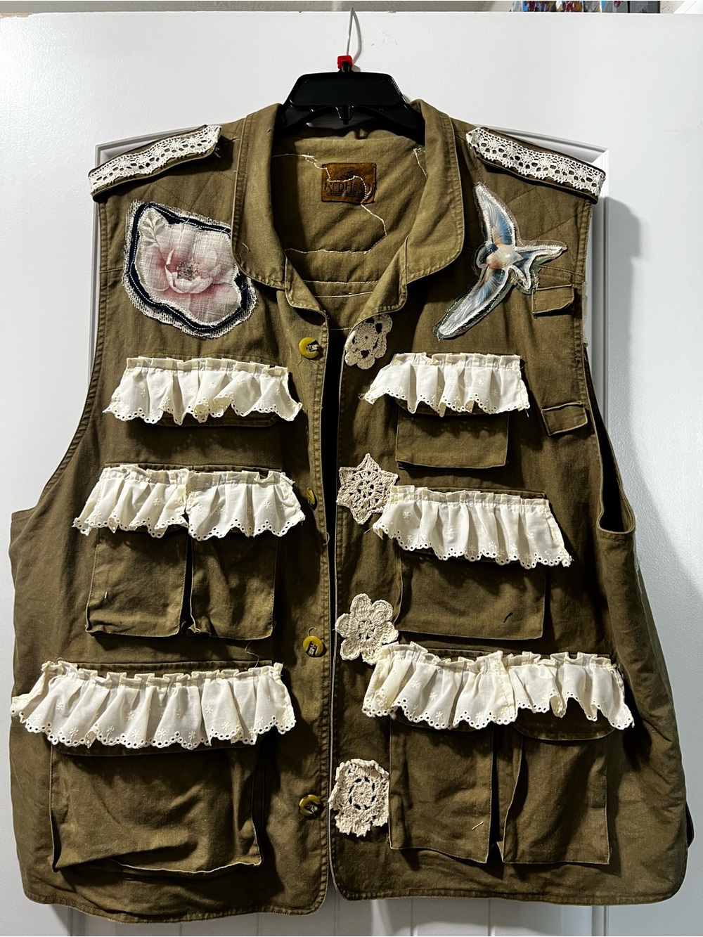 Embellished Olive Utility Vest with Lace Ruffles